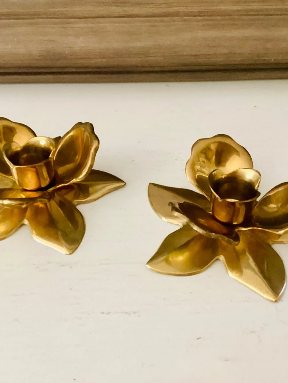 Set of 2 Solid Brass Lotus Flowers Taper Candle Holders MCM Vintage Decor Metal